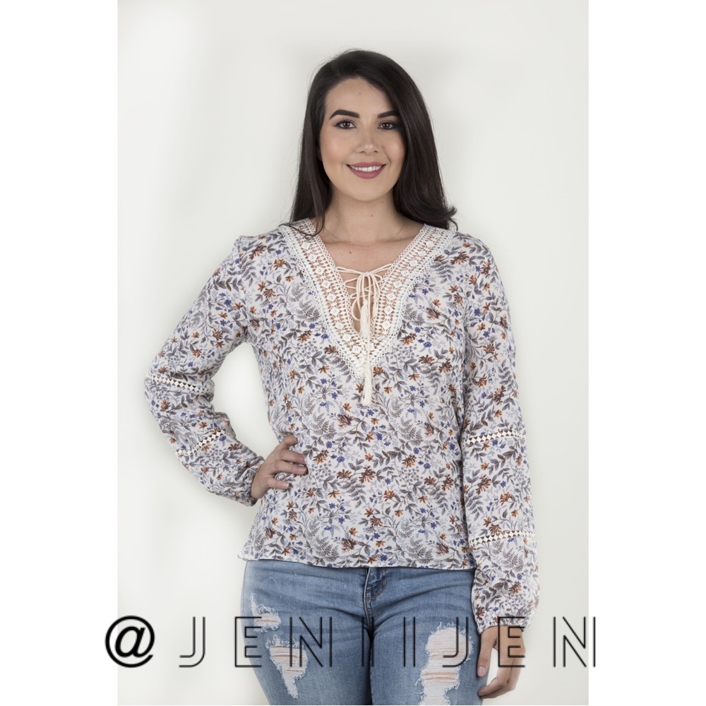 Floral Print Top With Lattice Detail